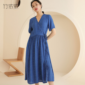 韩国蓝色波点连衣裙女夏2018新品v领收腰长裙子ins超火圆点高腰裙