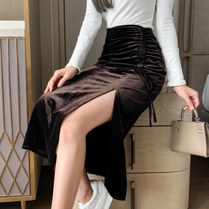2021新款高腰开叉丝绒半身裙秋冬女中长款抽绳包臀不规则a字长裙