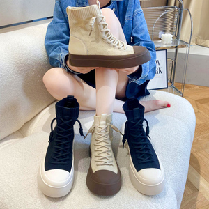 高帮袜子鞋女2021春秋新款弹力针织袜靴丑萌大头板鞋帆布马丁短靴