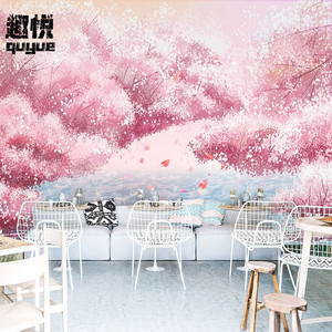 3d日式粉色系电视背景墙壁纸樱花料理小吃店卧室餐厅装饰背景墙纸