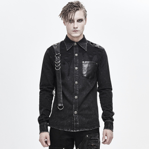 朋克男装暗黑系破洞做旧长袖衬衫外穿春秋季青年休闲衬衣方领上衣