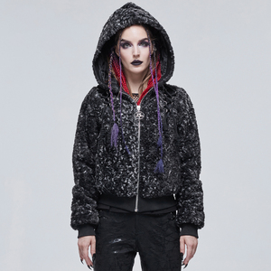 朋克摇滚风女装长袖连帽短外套双色毛绒加厚外套秋冬季宽松夹克