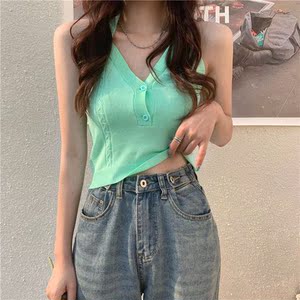 挂脖半开胸吊带针织背心女辣妹无袖上衣短款v领夏季新款好穿ins潮