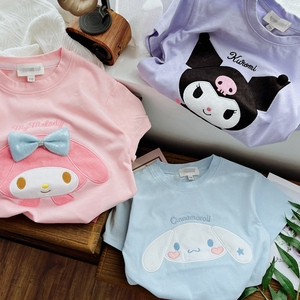100-160日系女宝夏季纯棉短袖卡通兔子长耳朵洛米圆领上衣T恤可爱