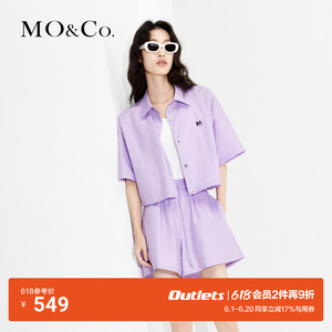【MOCO奥莱】金属LOGO纯棉短袖截短衬衫衬衣外套极简风粉紫色黑色