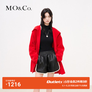 【MOCO奥莱】美丽诺羊毛宽松连帽抽绳双面呢大衣红色外套毛呢