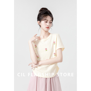 杏色圆领短袖T恤女2024新款夏季立体花朵弧形下摆体恤小个子上衣