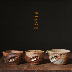 日本备前烧原田隆一螃蟹纹柴烧公道杯 茶杯 日式茶道具