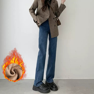 牛仔裤女直筒高腰阔腿裤秋冬新款复古蓝宽松高个子加绒加长烟管裤