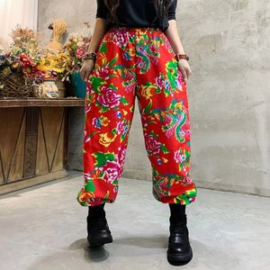 民族风东北大花棉裤女春秋外穿中老年妈妈裤复古宽松直筒哈伦裤子