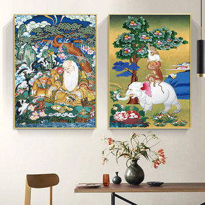 和气四瑞图唐卡家用佛像挂画玄关过道装饰画客厅藏传六长寿中堂画