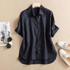 【棉麻】衬衫女短袖夏季新款黑色麻料文艺复古减龄妈妈装亚麻上衣