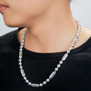 99老凤祥云男士项链999纯银圆珠佛珠竹节加粗长白银链子时尚霸气