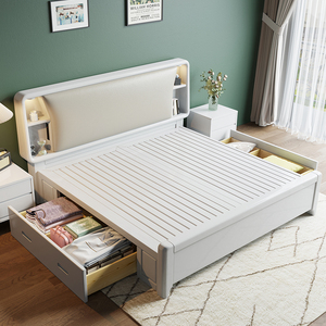 白色软靠包床双人加宽2米×220大床现代简约实木轻奢储物北欧主卧