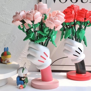 粉红玫瑰花积木花束网红米奇花瓶创意摆件拼装送女友礼物女孩玩具