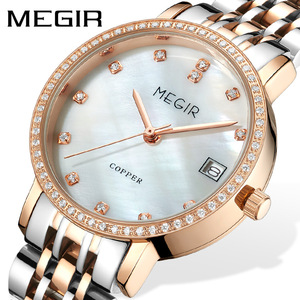 美格尔megir女士手表时尚镶钻进口机芯日历钢带铜壳石英女表腕表