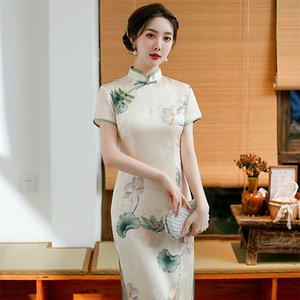 荷花改良旗袍短袖2023年新式女时尚中国风年轻款丝绸连衣裙中长款