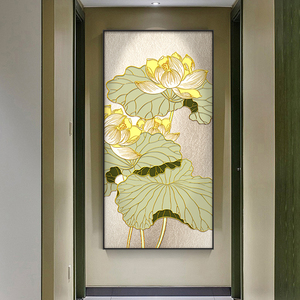 新中式玄关立体装饰画走廊过道荷花壁画现代简约竖版手工金箔挂画