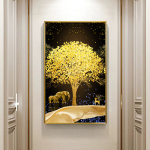 入户玄关装饰画简约轻奢走廊过道墙面壁画客厅大气金箔挂画黄金树