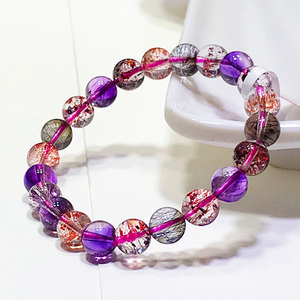 天然超七金草莓晶水晶手串三轮骨干发丝单珠创意爱心形紫发晶手链