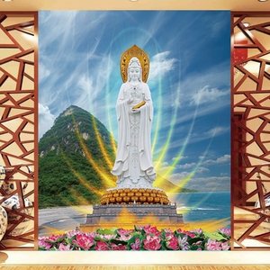 佛堂寺庙南海观音菩萨墙纸壁画3d玄关客厅屏风背景佛像墙纸