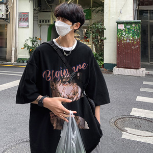 日系动漫t恤男夏季潮牌潮流美式hiphop七分袖衣服大码fog高街短袖