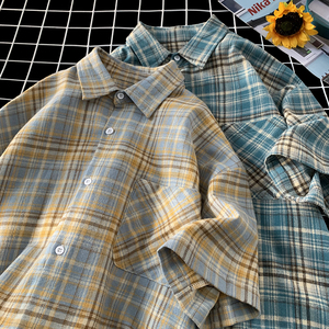 黄蓝格子短袖衬衫男款cleanfit美式格纹衬衣小众设计感情侣外套