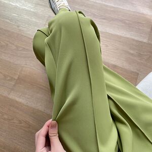 绿色冰丝西装裤女2022夏季薄款直筒抽绳阔腿裤松紧高腰开衩拖地裤