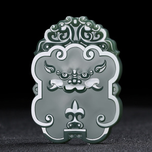 和田玉青玉塔青一细料仿古兽面吉祥如意吊坠男款玉坠牌男玉牌项链