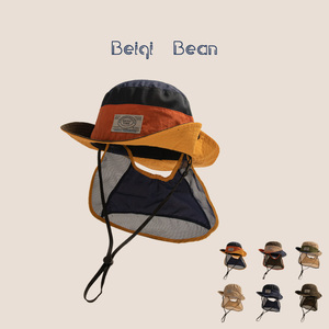 韩版新款拼色大檐薄款网眼透气遮阳儿童渔夫帽宝宝速干护颈披肩帽