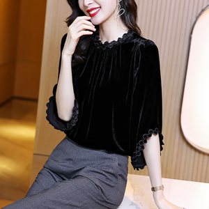 黑色真丝绒上衣女外穿洋气秋2021新款时尚宽松气质中袖丝绒打底衫