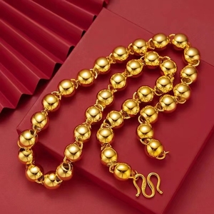 24k黄金空心圆珠项链男999钢印光面佛珠链子3d硬金转运珠挂链素金