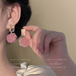 法式温柔复古粉色水晶花朵耳环女s925银针小众设计高级感优雅耳饰
