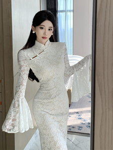 新中式国风改良旗袍白色蕾丝连衣裙女早春装高级性感包臀礼服长裙