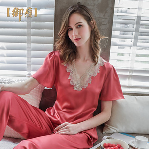 御府重磅真丝睡衣女两件套装夏短袖100%桑蚕丝睡衣高档真丝家居服