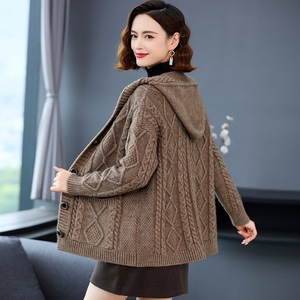 秋季针织开衫女2022年新款秋冬加厚粗线外搭上衣春秋连帽毛衣外套