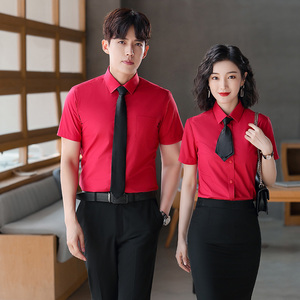红色衬衫女夏季短袖修身职业工装男女同款衬衣定制工作服棉绣logo