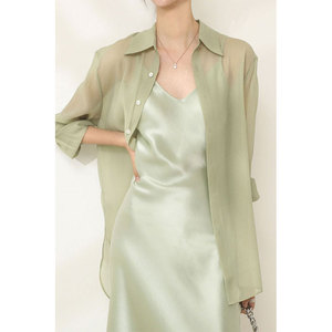 2024夏季新款女装法式高级天丝微透上衣小众防晒衬衣绿色雪纺衬衫