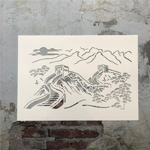 山水长城 风景画松树diy镂空模板手绘墙绘硅藻泥真石漆涂鸦遮蔽板