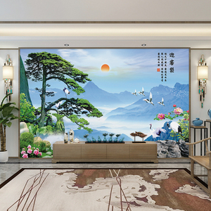 迎客松壁画电视背景墙壁纸中堂影视墙布山水风景中式客厅墙纸黄山