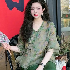 新中式女装盘扣衬衫女装夏季新款苎麻上衣复古品牌高端欧根纱小衫
