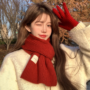 针织毛线围巾女冬季新款韩版百搭保暖本命年红色加厚围脖新年礼物