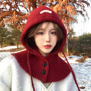 韩国巴拉克拉法帽子女款冬季红色保暖围巾一体连帽围脖针织毛线帽