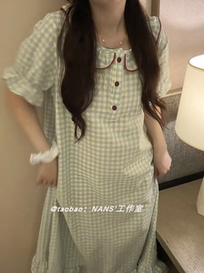 格子睡裙女夏季2024年新款短袖日系田园可爱学生夏天睡衣长裙套装