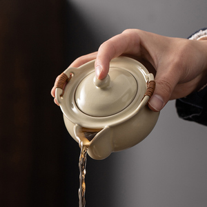 米黄汝窑可开片手抓壶家用手工盖碗防烫单个泡茶不烫手手拿壶茶碗
