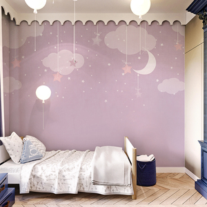 3d紫色星星云朵卡通温馨儿童房壁纸女孩卧室壁布背景墙纸壁画定制