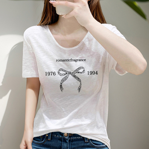 白色亚麻短袖t恤女士2024夏季新款大圆领宽松小个子竹节棉麻体恤