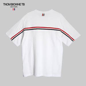 tnom biowhe tb短袖T恤男夏季薄款后背横条纹纯棉透气圆领体恤衫