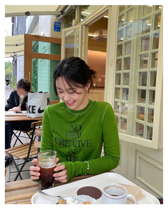 韩国代购current金智妮jennie同款羊毛印花圆领修身长袖绿色女t恤