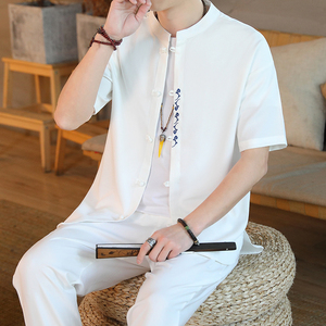 夏季冰丝套装男士韩版中国风两件套唐装开衫新品休闲短袖汉服T恤